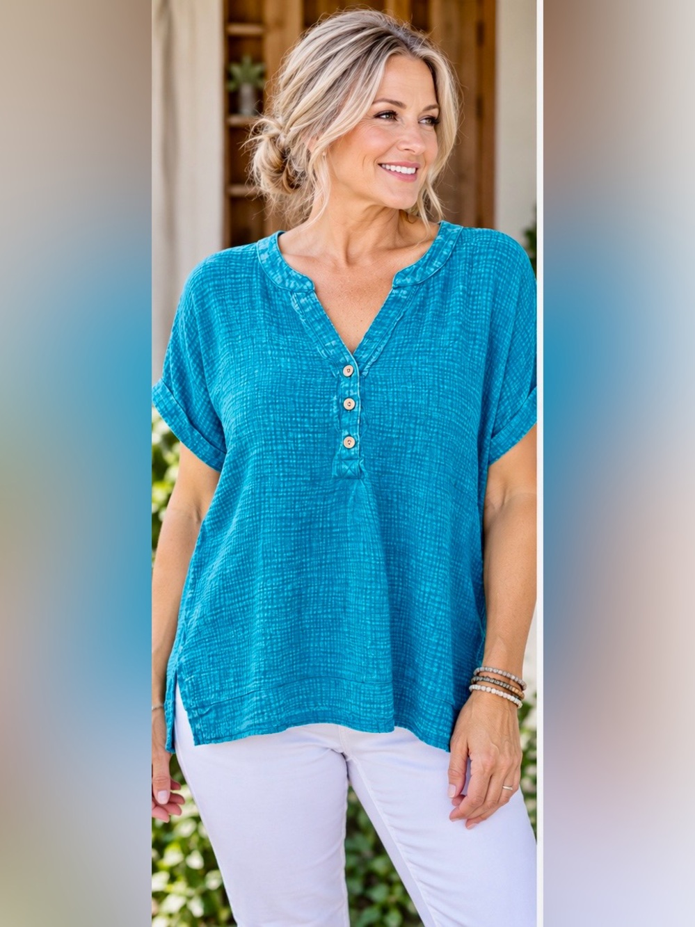 Zenana Outfitters Teal V-Neck Button Front Gauze Tunic NWOT New In Bag